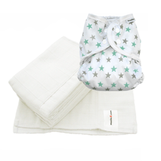MuslinZ Size 1 Cover - Mint Star with 6 Pack of White Muslin Prefolds Size 1